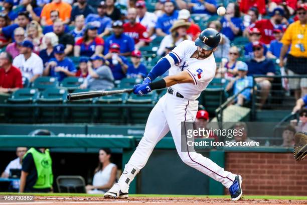 Texas Rangers left fielder Joey Gallo fouls off a pitch during the game between the Texas Rangers and the Oakland Athletics on June 06, 2018 at Globe...