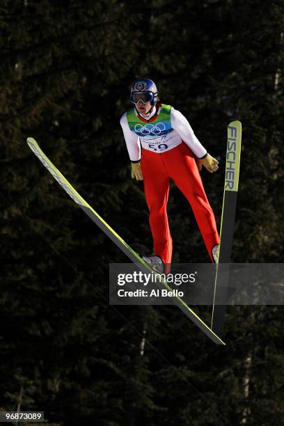 Thomas Morgenstern of Austria soars off the Long Hill during the qualification round on day 8 of the 2010 Vancouver Winter Olympics at Ski Jumping...