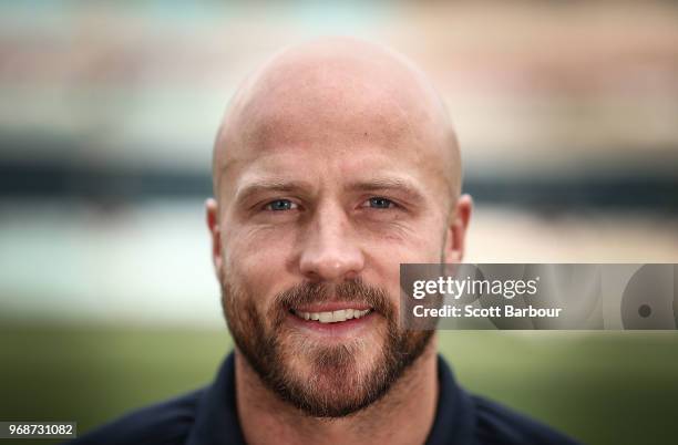 Nathan Jones of the Demons poses for a portrait during an AFL press conference at the Melbourne Cricket Ground on June 7, 2018 in Melbourne,...