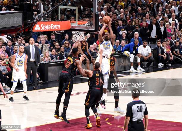 Kevin Durant of the Golden State Warriors shoots the ball over the Cleveland Cavaliers defense during Game Three of the 2018 NBA Finals on June 6,...