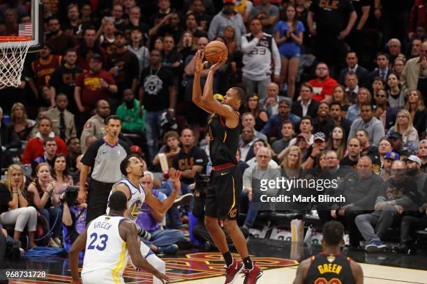 Rodney Hood of the Cleveland Cavaliers shoots the ball against the Golden State Warriors in Game Three of the 2018 NBA Finals on June 6, 2018 at...