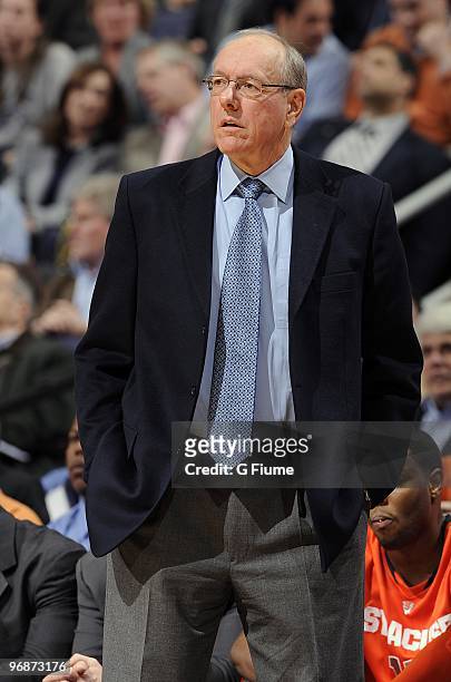 Head coach Jim Boeheim of the Syracuse Orange watches the game against the Georgetown Hoyas on February 18, 2010 at the Verizon Center in Washington...