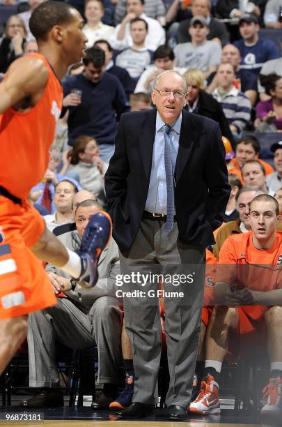 Head coach Jim Boeheim of the Syracuse Orange watches the game against the Georgetown Hoyas on February 18, 2010 at the Verizon Center in Washington...