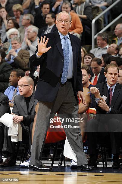 Head coach Jim Boeheim of the Syracuse Orange watches the game against the Georgetown Hoyas on February 18, 2010 at the Verizon Center in Washington...