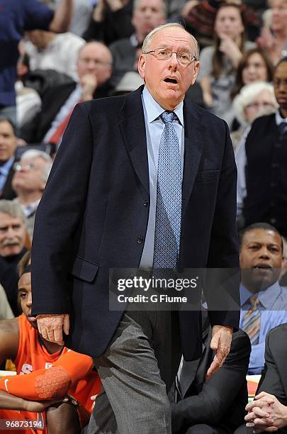 Head coach Jim Boeheim of the Syracuse Orange watches the game against the Georgetown Hoyas on February 18, 2010 at the Verizon Center in Washington...