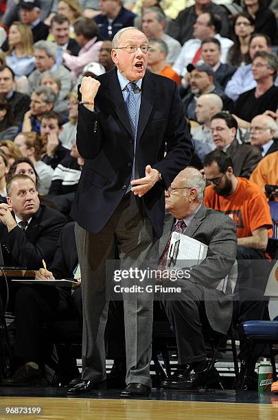 Head coach Jim Boeheim of the Syracuse Orange watches the game against the Georgetown Hoyas on February 18, 2010 at the Verizon Center in Washington...