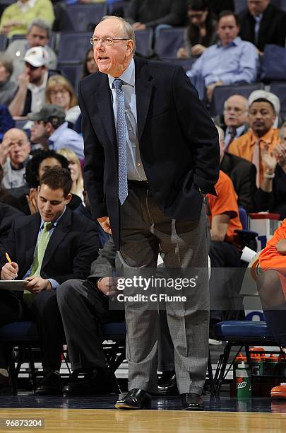Head coach Jim Boeheim of the Syracuse Orange watches the game against the Georgetown Hoyas on February 18, 2010 at the Verizon Center in Washington...