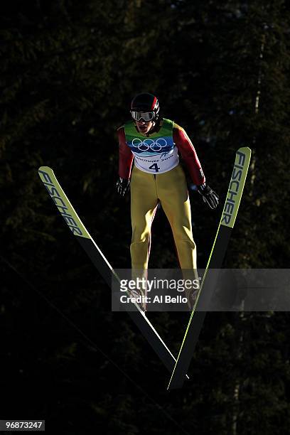 Tomas Zmoray of Slovakia soars off the Long Hill during the qualification round on day 8 of the 2010 Vancouver Winter Olympics at Ski Jumping Stadium...