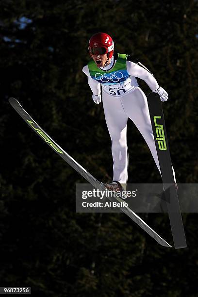 Johan Remen Evensen of Norway soars off the Long Hill during the qualification round on day 8 of the 2010 Vancouver Winter Olympics at Ski Jumping...
