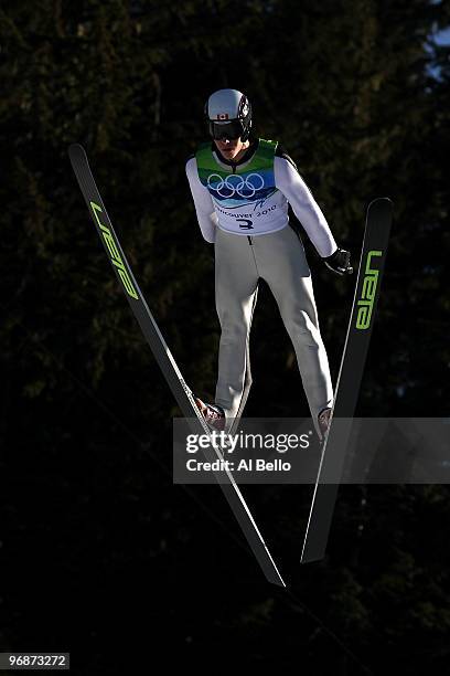 Stefan Read of Canada off the Long Hill during the qualification round on day 8 of the 2010 Vancouver Winter Olympics at Ski Jumping Stadium on...