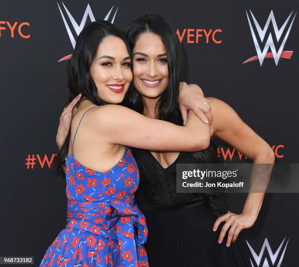 Brie Bella and Nikki Bella attend WWE's First-Ever Emmy "For Your Consideration" Event at Saban Media Center on June 6, 2018 in North Hollywood,...