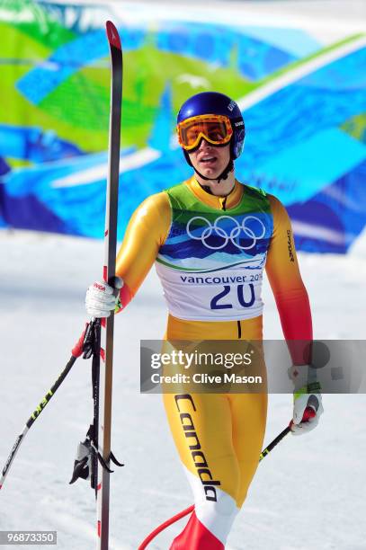 Erik Guay of Canada reacts after his run in the men's alpine skiing Super-G on day 8 of the Vancouver 2010 Winter Olympics at Whistler Creekside on...