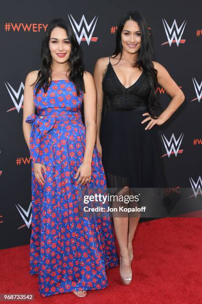 Brie Bella and Nikki Bella attend WWE's First-Ever Emmy "For Your Consideration" Event at Saban Media Center on June 6, 2018 in North Hollywood,...