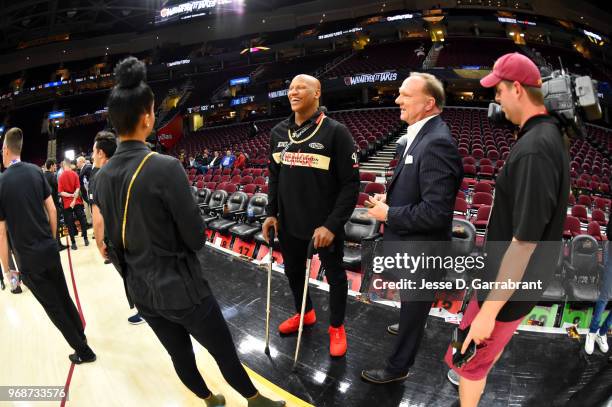 Ryan Shazier talks to the media after Game Three of the 2018 NBA Finals between the Golden State Warriors and Cleveland Cavaliers on June 6, 2018 at...