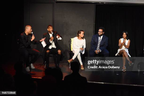 Michael Yo, Marlon Wayans, Essence Atkins, Diallo Riddle and Bresha Webb attend Universal Television's FYC @ UCB "Marlon" at UCB Sunset Theater on...