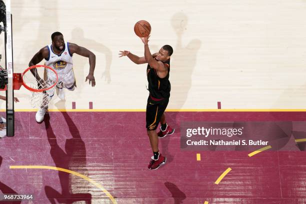 Rodney Hood of the Cleveland Cavaliers shoots the ball against the Golden State Warriors in Game Three of the 2018 NBA Finals on June 6, 2018 at...