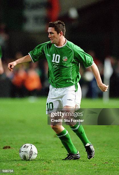 Robbie Keane of Republic of Ireland on the ball during the 2002 World Cup play-off match against Iran played at Lansdowne Road in Dublin, Ireland....