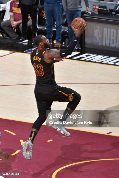 LeBron James of the Cleveland Cavaliers goes to the basket against the Golden State Warriors during Game Three of the 2018 NBA Finals on June 6, 2018...