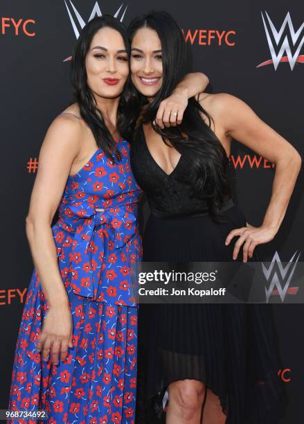 Brie Bella and Nikki Bella attend WWE's First-Ever Emmy "For Your Consideration" Event at Saban Media Center on June 6, 2018 in North Hollywood,...