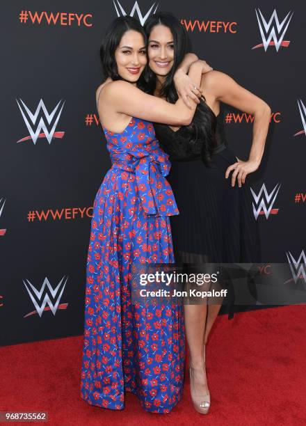 Brie Bella and Nikki Bella attend WWE's First-Ever Emmy "For Your Consideration" Event at Saban Media Center on June 6, 2018 in North Hollywood,...