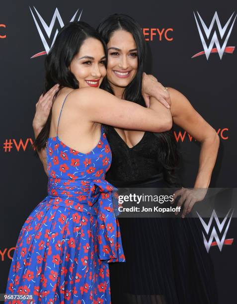 Brie Bella and Nikki Bella attend WWE's First-Ever Emmy "For Your Consideration" Event at Saban Media Center on June 6, 2018 in North Hollywood,...