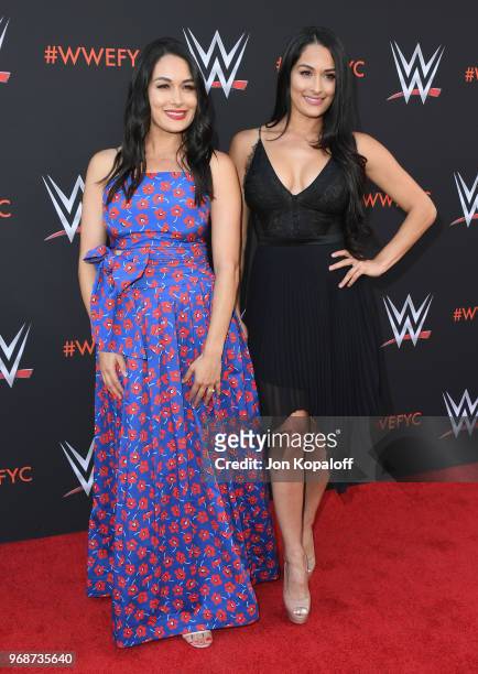 Brie Bella and Nikki Bella attend WWE's First-Ever Emmy "For Your Consideration" Event at Saban Media Center on June 6, 2018 in North Hollywood,...