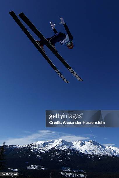 Tom Hilde of Norway soars off the Long Hill during the qualification round on day 8 of the 2010 Vancouver Winter Olympics at Ski Jumping Stadium on...