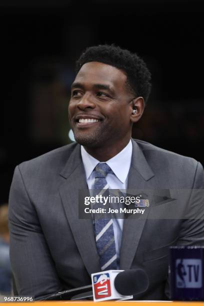 Chris Webber provides commentary after Game Three of the 2018 NBA Finals between the Golden State Warriors and the Cleveland Cavaliers on June 6,...