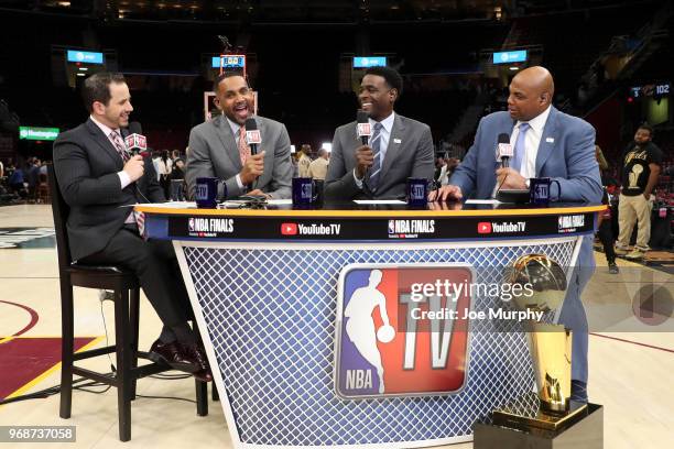 Casey Stern, Grant Hill, Chris Webber, and Charles Barkley provide commentary after Game Three of the 2018 NBA Finals between the Golden State...