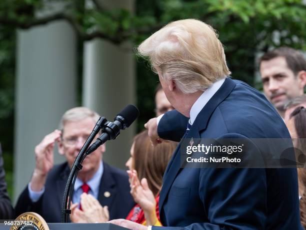 President Donald Trump speaks before he signs S. 2372, the VA Mission Act of 2018 at a ceremony in the Rose Garden of the White House, on Wednesday,...