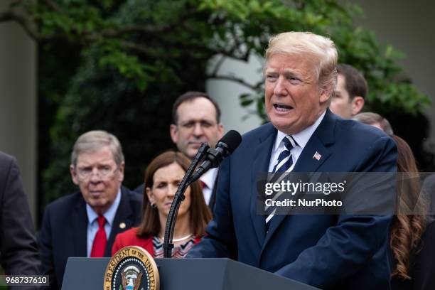 President Donald Trump speaks before he signs S. 2372, the VA Mission Act of 2018 at a ceremony in the Rose Garden of the White House, on Wednesday,...