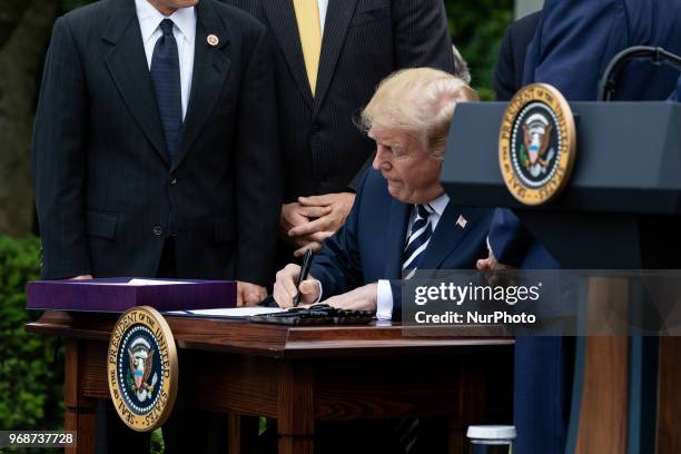 President Donald Trump signs S. 2372, the VA Mission Act of 2018 at a ceremony in the Rose Garden of the White House, on Wednesday, June 6, 2018.