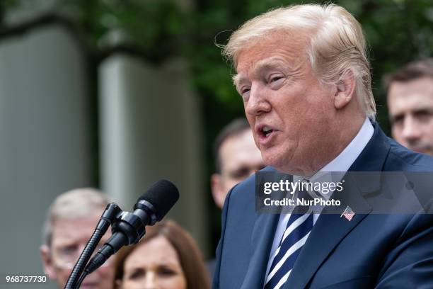 President Donald Trump speaks before he signs S. 2372, the VA Mission Act of 2018 at a ceremony in the Rose Garden of the White House, on Wednesday,...