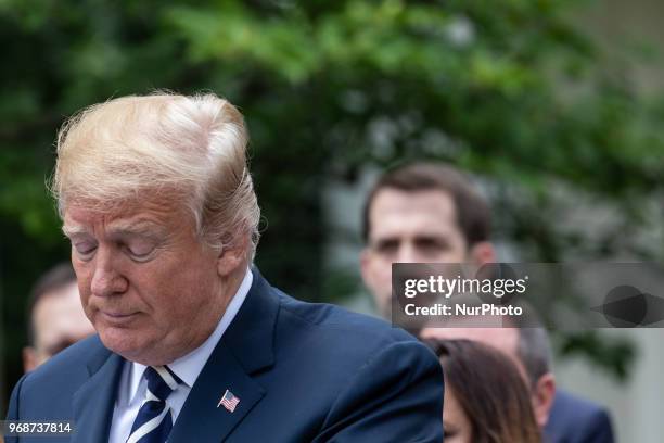 President Donald Trump speaks before he signs S. 2372, the VA Mission Act of 2018 at a ceremony in the Rose Garden of the White House, on Wednesday,...