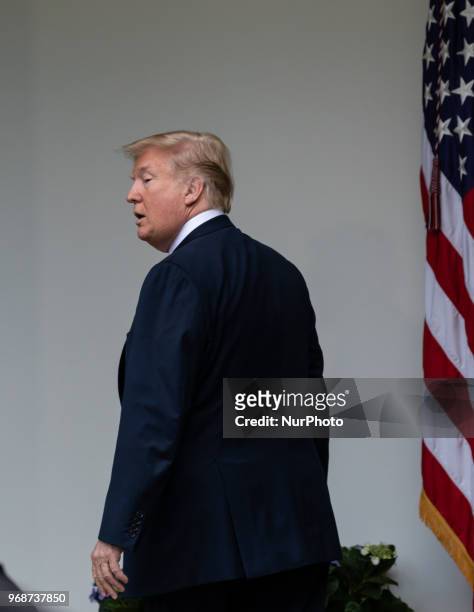 President Donald Trump leaves after he signed S. 2372, the VA Mission Act of 2018 at a ceremony in the Rose Garden of the White House, on Wednesday,...