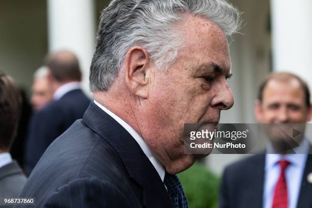 Congressman Peter King attends ceremony where U.S. President Donald Trump signs S. 2372, the VA Mission Act of 2018 in the Rose Garden of the White...
