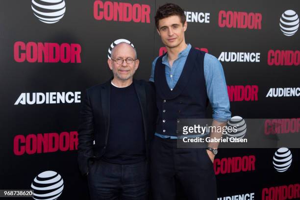 Bob Balaban and Max Irons arrive for the premiere of AT&T Audience Network's "Condor" at NeueHouse Hollywood on June 6, 2018 in Los Angeles,...