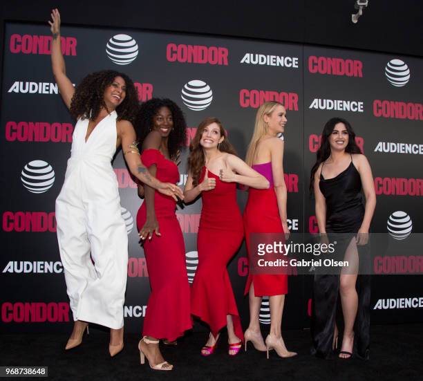 Christina Moses, Mouna Traore, Katherine Cunningham, Kristen Hager and Leem Lubany arrive for the premiere of AT&T Audience Network's "Condor" at...