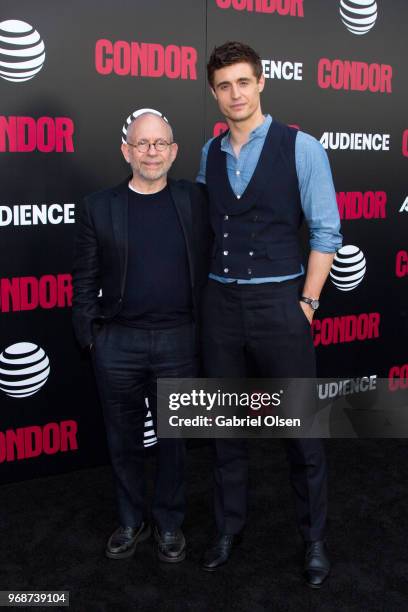 Bob Balaban and Max Irons arrive for the premiere of AT&T Audience Network's "Condor" at NeueHouse Hollywood on June 6, 2018 in Los Angeles,...