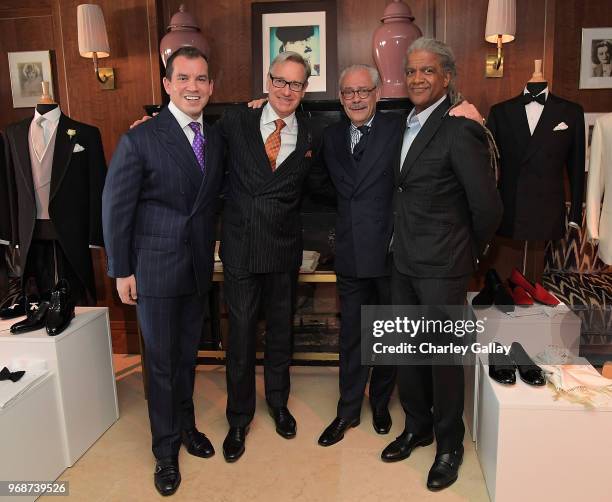 George Glasgow Jr., Paul Feig, George Glasgow Sr. And Elvis Mitchell attend The British Are Coming by George Cleverley at the Sunset Tower Hotel on...