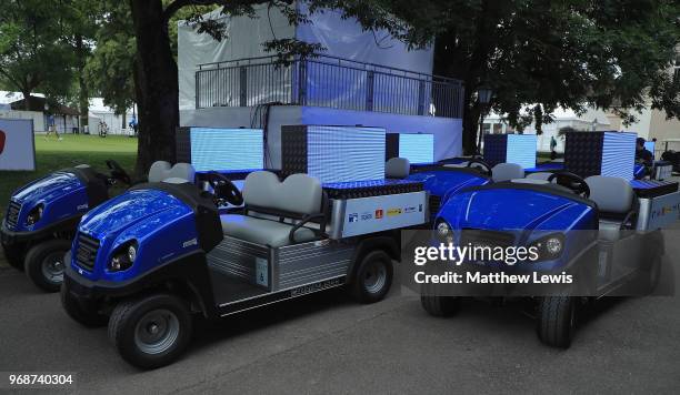 Golf buggies with electronic displays pictured ahead of the Pro-Am of The 2018 Shot Clock Masters at Diamond Country Club on June 6, 2018 in...