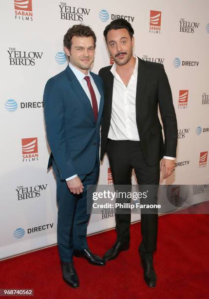 Alden Ehrenreich and Jack Huston attend "The Yellow Birds" premiere presented by Saban Films and DIRECTV at The London West Hollywood on June 6, 2018...