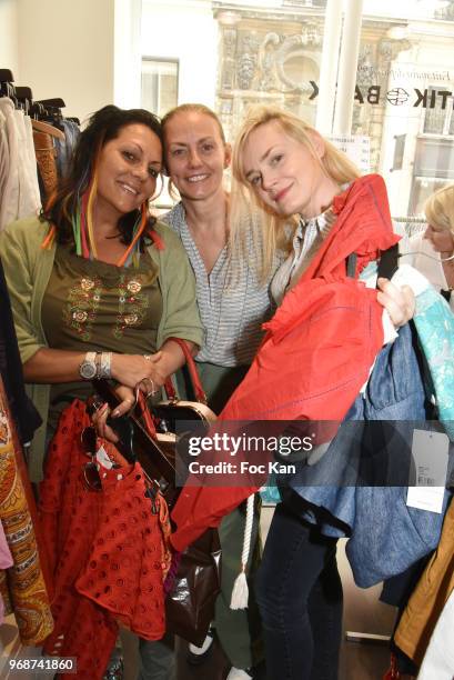 Hermine de Clermont Tonnerre, Antik Batik designer Gabriella Cortese Rioufol and actress Julie Judd attend Antik Batik Sales Cocktail at Antik Batik...