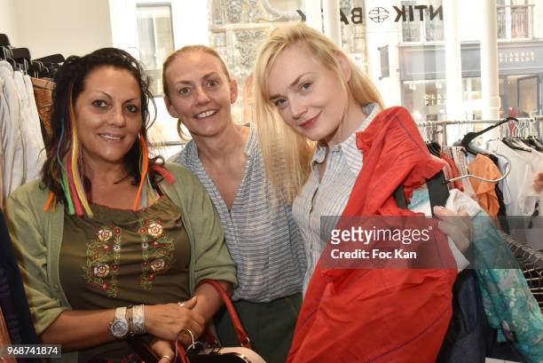 Hermine de Clermont Tonnerre, Antik Batik designer Gabriella Cortese Rioufol and actress Julie Judd attend Antik Batik Sales Cocktail at Antik Batik...