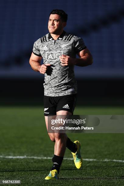 Nehe Milner-Skudder warms up during a New Zealand All Blacks training session on June 7, 2018 in Auckland, New Zealand.