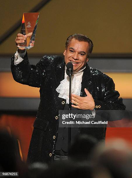 Singer Juan Gabriel speaks onstage at the 10th Annual Latin GRAMMY Awards held at the Mandalay Bay Events Center on November 5, 2009 in Las Vegas,...