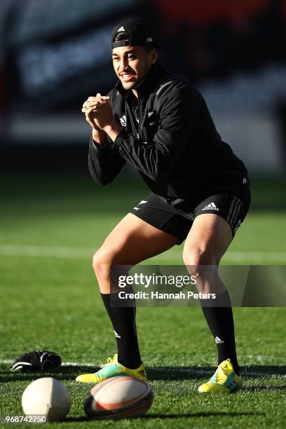 Reiko Ioane warms up during a New Zealand All Blacks training session on June 7, 2018 in Auckland, New Zealand.