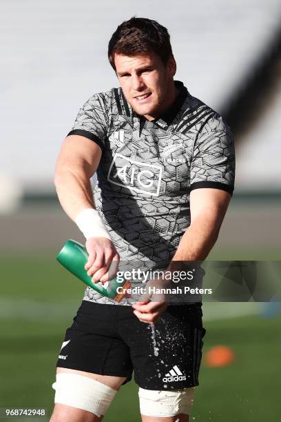 Matt Todd warms up during a New Zealand All Blacks training session on June 7, 2018 in Auckland, New Zealand.