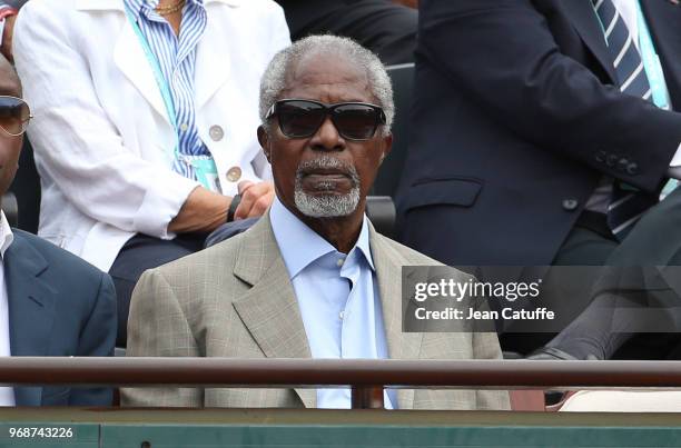 Kofi Annan, former United Nations Secreteray General attends Day 11 of the 2018 French Open at Roland Garros stadium on June 6, 2018 in Paris, France.