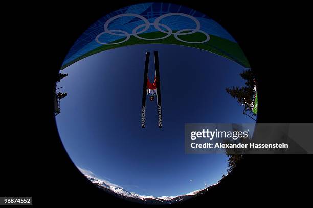 Matti Hautamaeki of Finland soars off the Long Hill during the qualification round on day 8 of the 2010 Vancouver Winter Olympics at Ski Jumping...